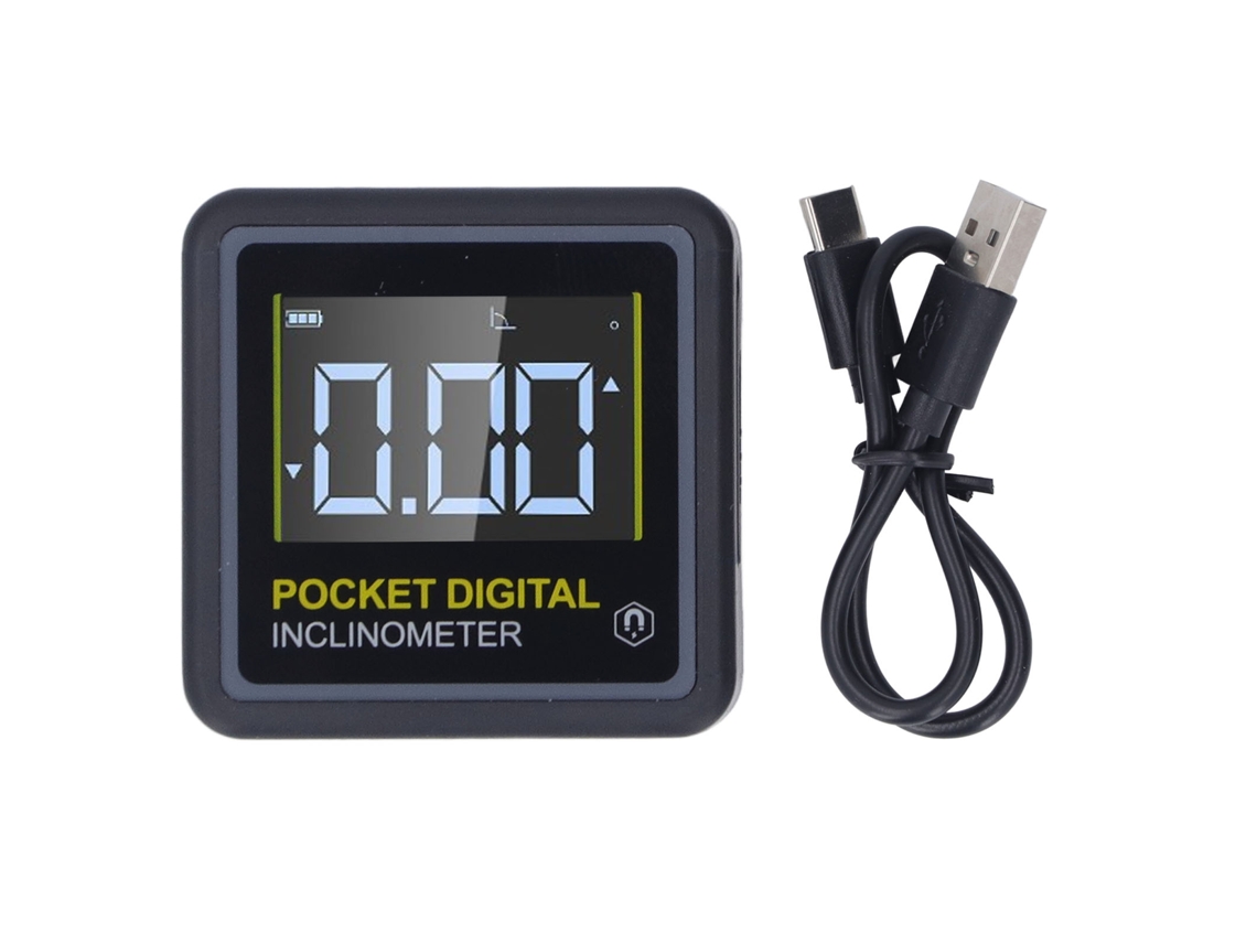 Inclinômetro digital de bolso com ímã, transferidor e localizador de ângulos para carpintaria e trabalhos manuais.