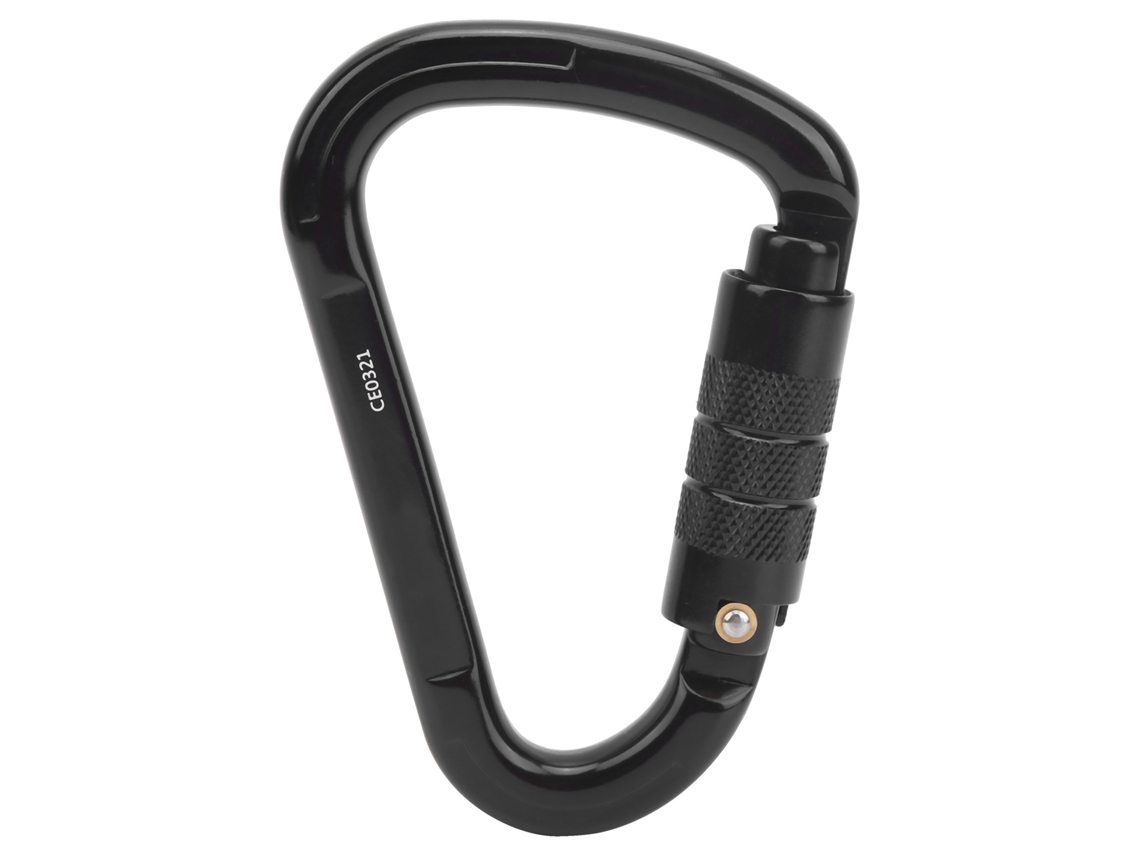 Mosquetão de segurança para escalada, 28kN, com mecanismo de travamento, preto, sem marca.