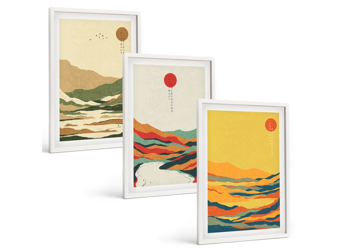 Conjunto De Pinturas Padrões De Montanhas Coloridas, Rios, Estilo Japonês Espelharte (3 Peças 40x60 Cm)
