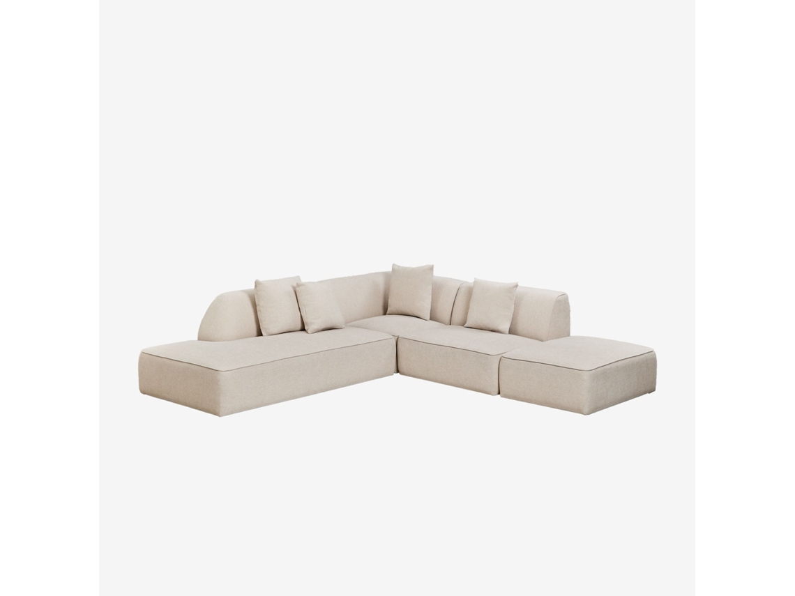 Sklum Sofá Modular De Canto Em 3 Peças Com Chaise Longue À Esquerda E Puff Estofado Cardea Poliéster                       Chenille Beige Creme