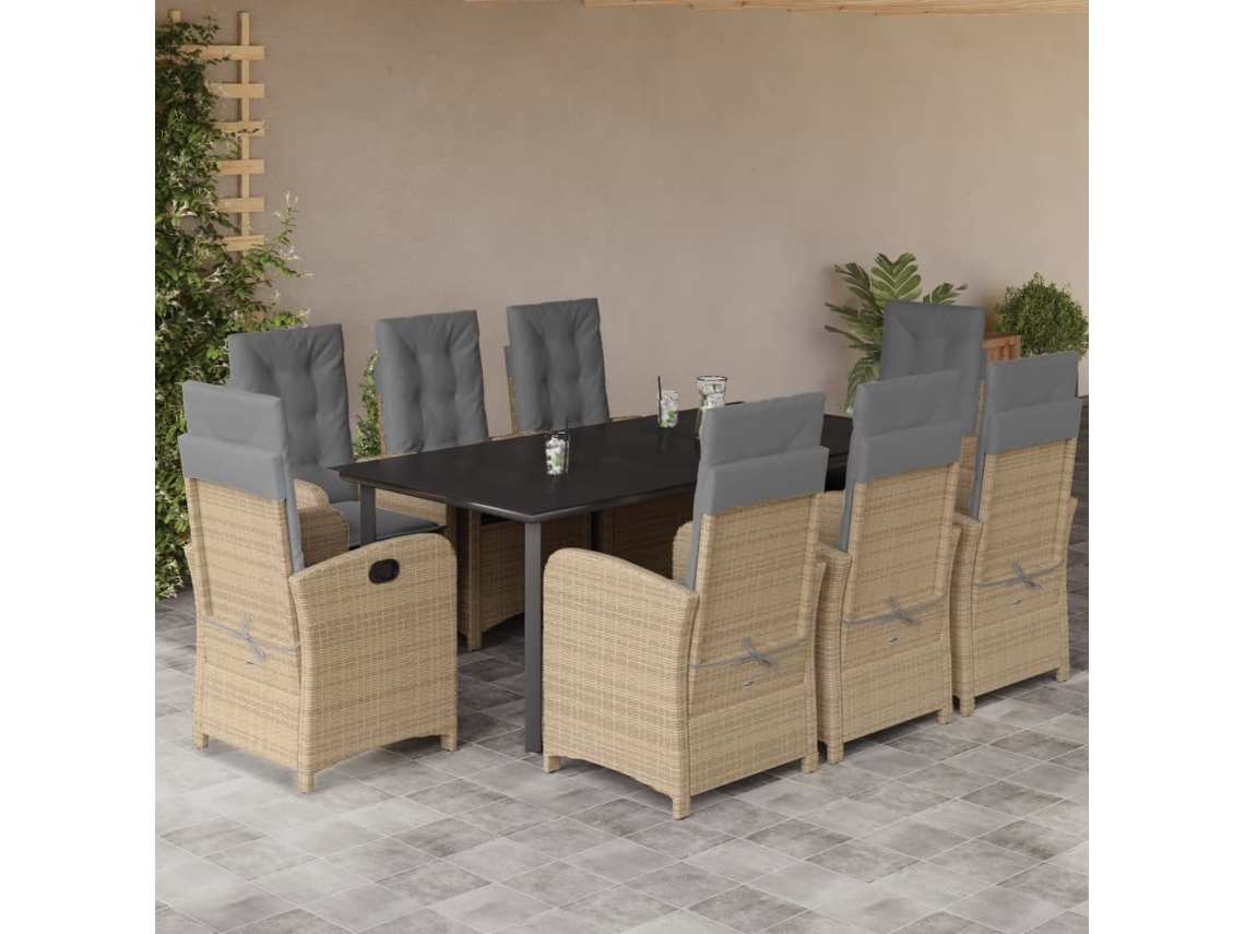 Vidaxl 9 Pcs Conj. Jantar Jardim C/ Almofadões Vime Pe Bege Misturado