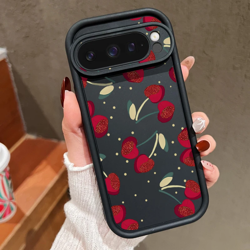 Capa Macia E Fofa Com Estampa De Cereja Para Google Pixel 9 Pro Xl (preta), Resistente A Impactos.