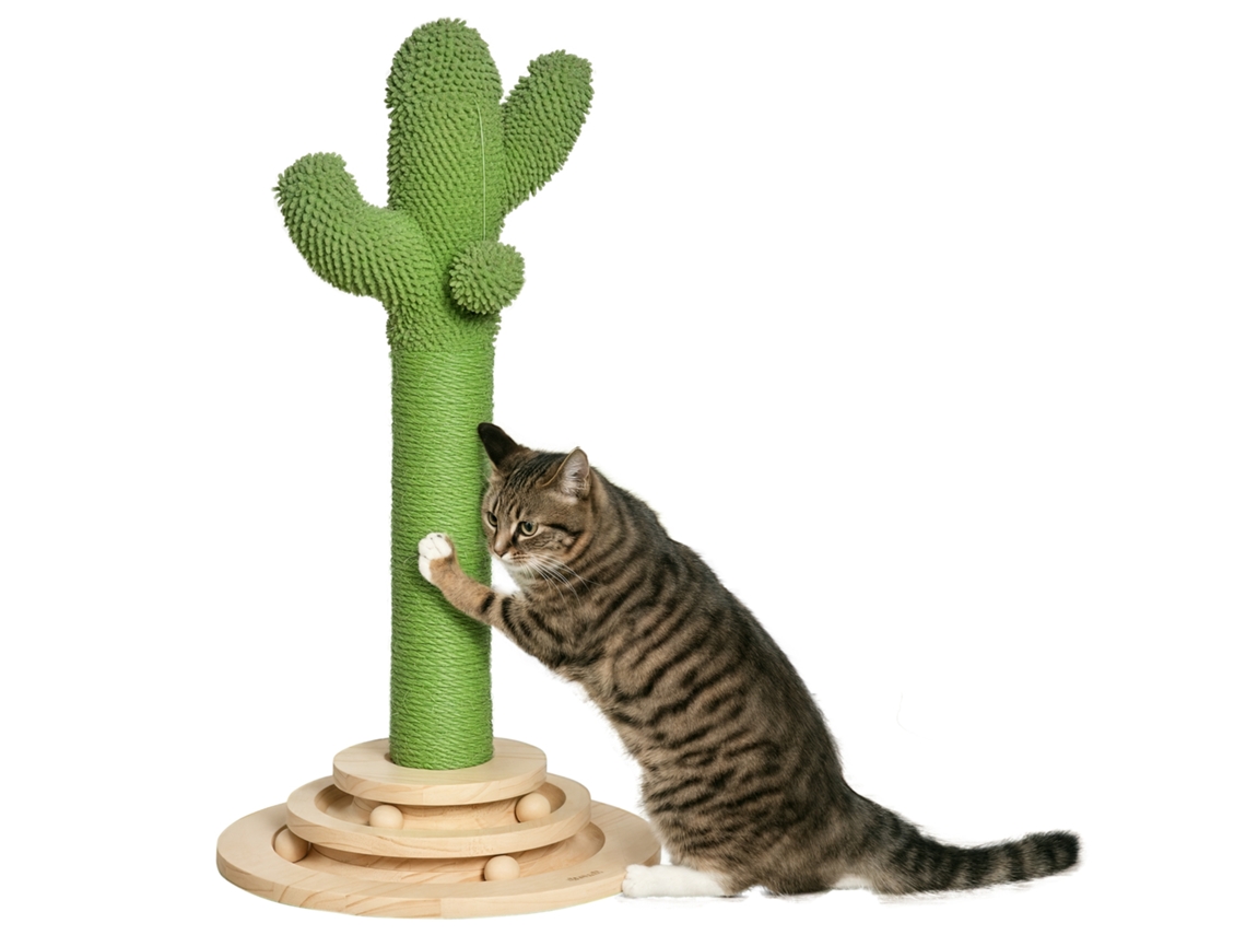Poste Arranhador Gatos Formato Cacto Pequeno Sisal Pelúcia Bola Suspensa e Brinquedo Verde Madeira 32x32x60cm Alta Qualidade