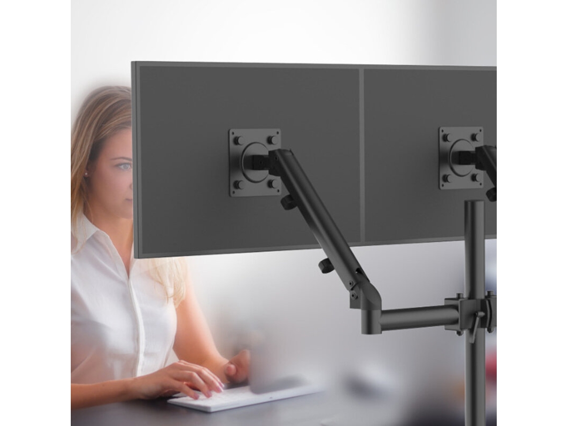 Suporte para dois monitores, preto, modelo M13 2. Compatível com monitores de 17" a 32" com regulagem de altura e ângulo, padrão VESA 75x75/100x100mm.