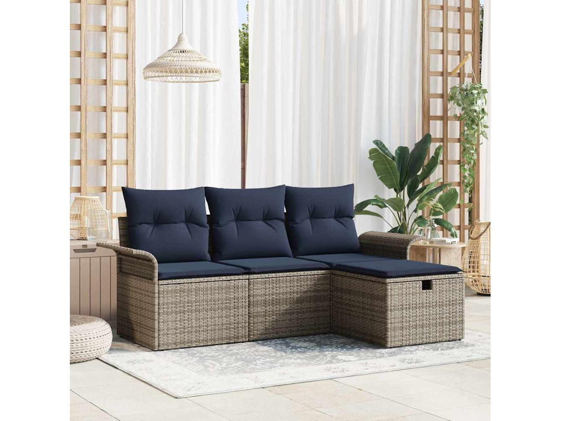 Vidaxl Conjunto De Sofá De Jardim 4 Unid. Cinza E Azul Marinho Vime Pe
