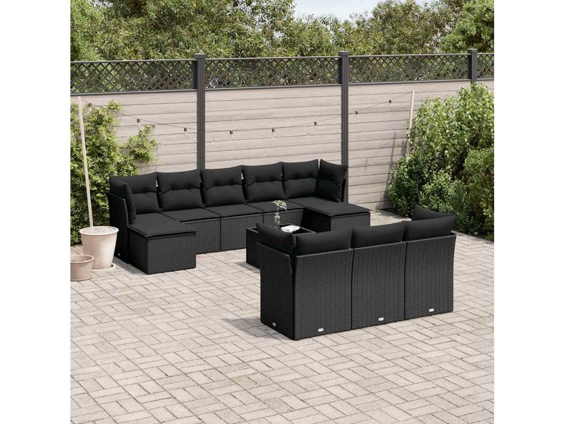 Vidaxl 11 Pcs Conjunto Sofás De Jardim C/ Almofadões Vime Pe Preto