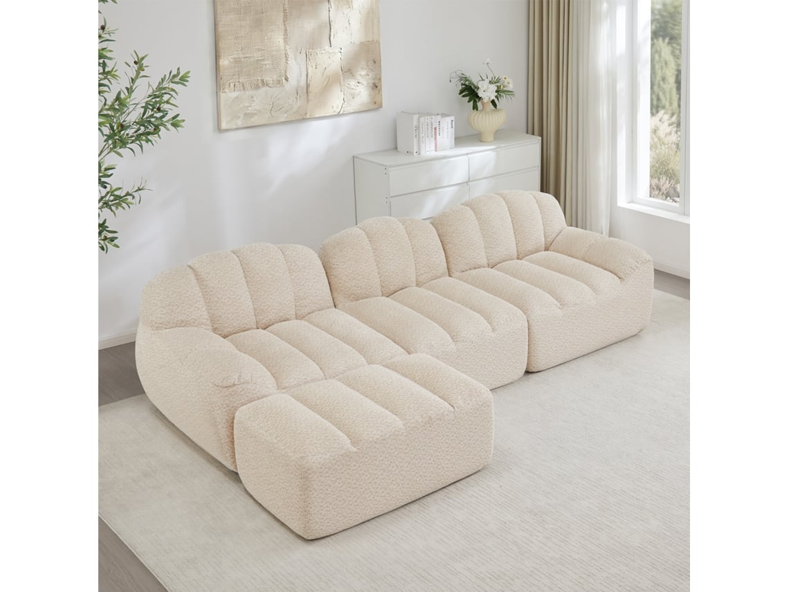 Sofá Modular Em L 3 Lugares Com Pufe E Espuma 32d, Bege E Branco