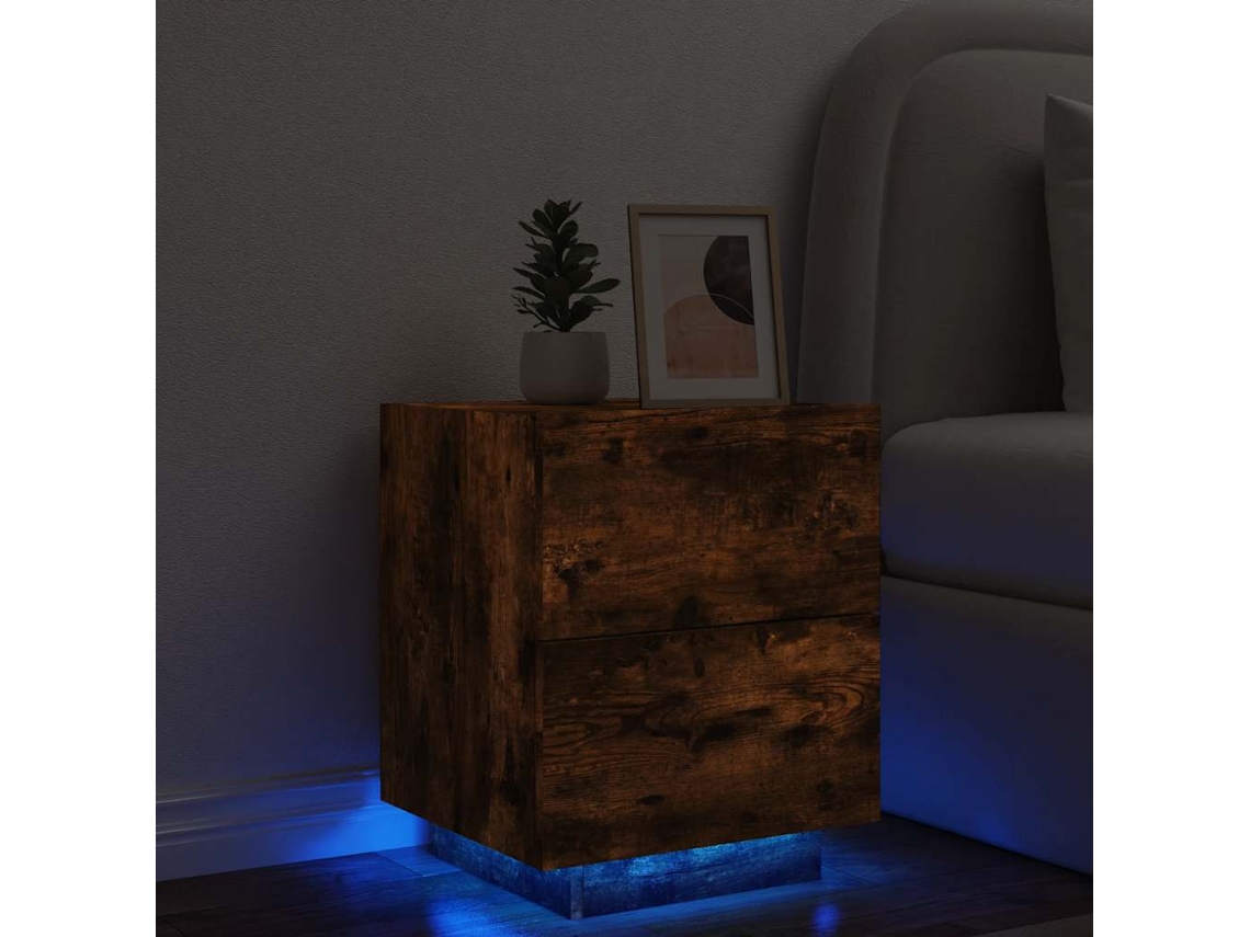 Vidaxl Mesa Cabeceira C/ Luzes Led Derivados Madeira Carvalho Fumado