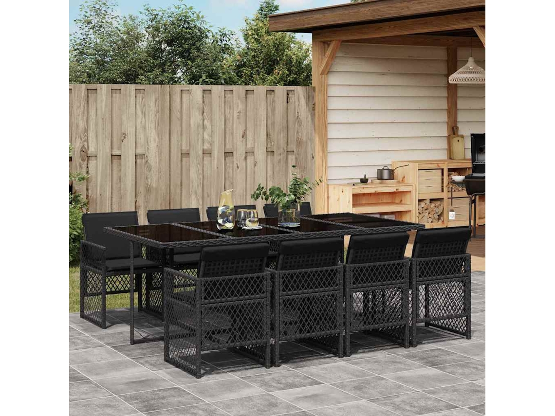 Vidaxl 9 Pcs Conjunto De Jantar P/ Jardim C/ Almofadões Vime Pe Preto