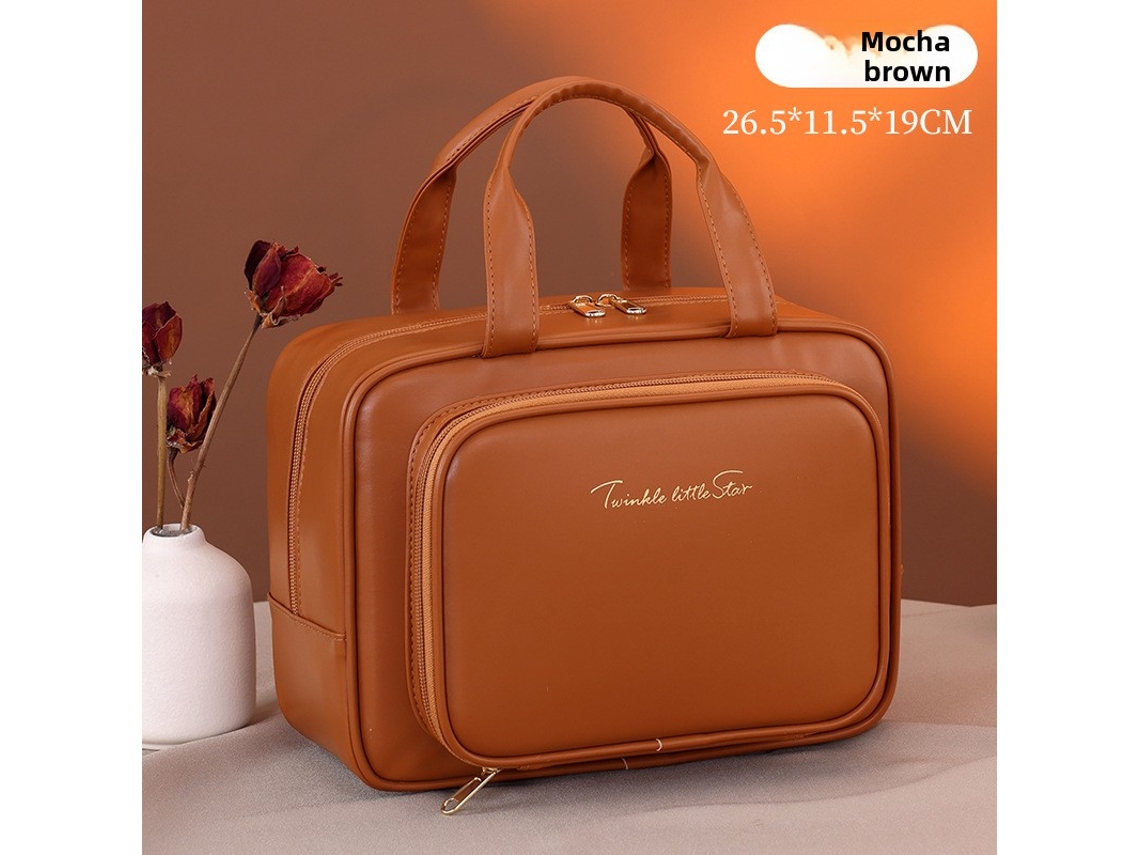 Necessaire Marrom Moca Grande Capacidade Bolsos, Compartimentos, Portátil Viagem Com Alça.