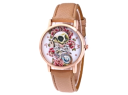 Reloj De Casal Zhoulianfa F-436 Com Design De Crânio, Pulseira De Couro, Quartzo, Creme