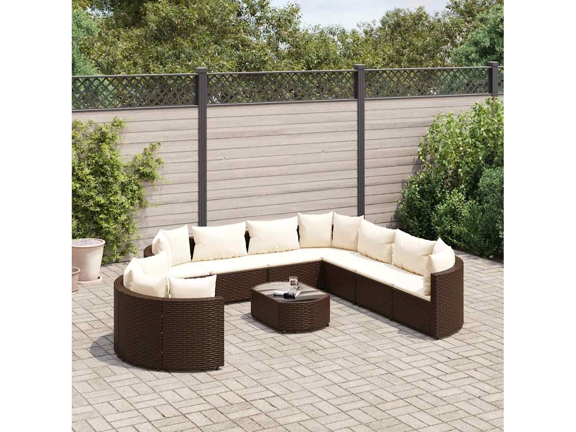 Vidaxl 10 Pcs Conj. Sofás Jardim Com Almofadões Vime Pe Castanho
