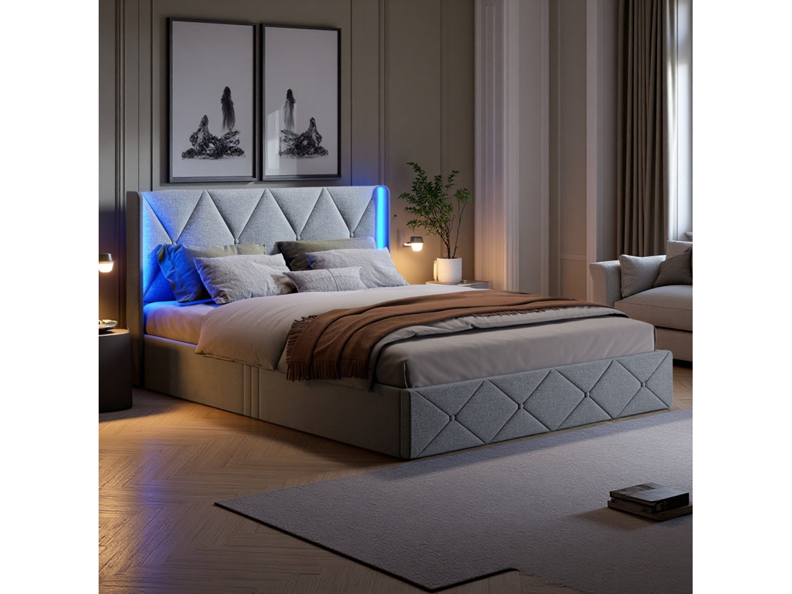 CAMA COM ARRUMAÇÃO 160x200cm, ripas, tecido veludo, hidráulica, com 2 gavetas, bege