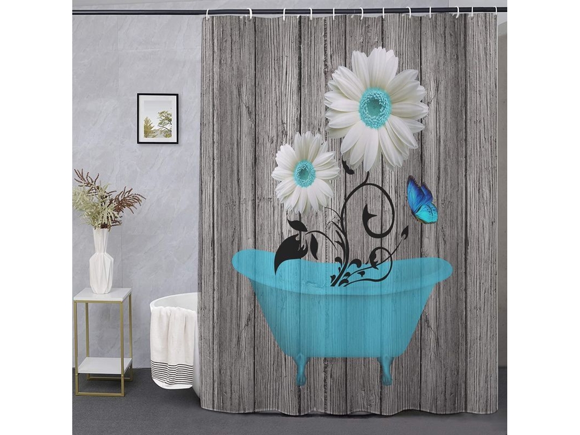 2026-set De Cortina De Ducha Linjou, Estilo Campestre Americano, Floral Cinza, 180x180, Impermeável, Lavável A Máquina