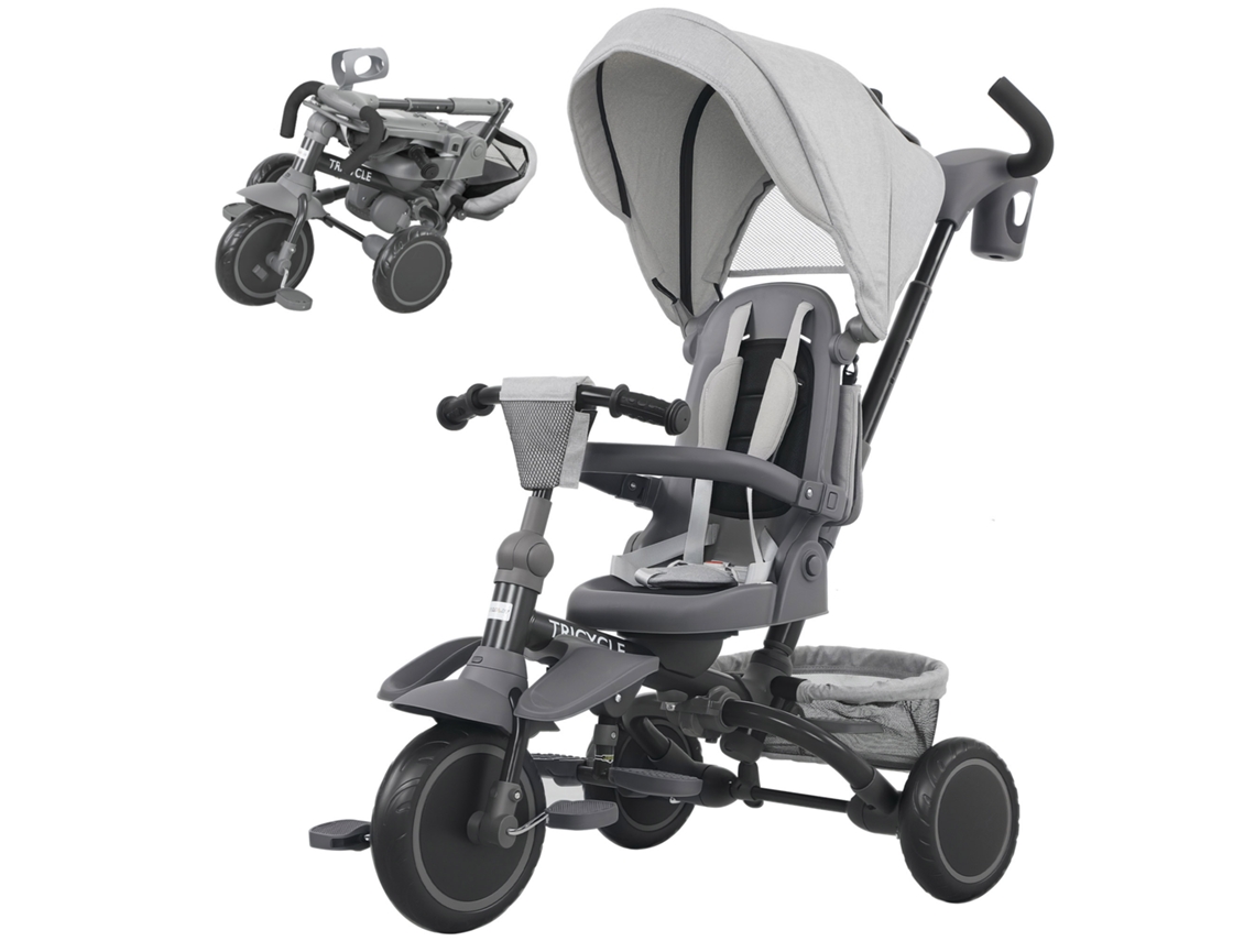 Triciclo Evolutivo 6 Em 1 Dobrável Assento Giratório De 360° Guidão Parental Encosto Reclinável Toldo 111,5x52x98 Cm Cinza