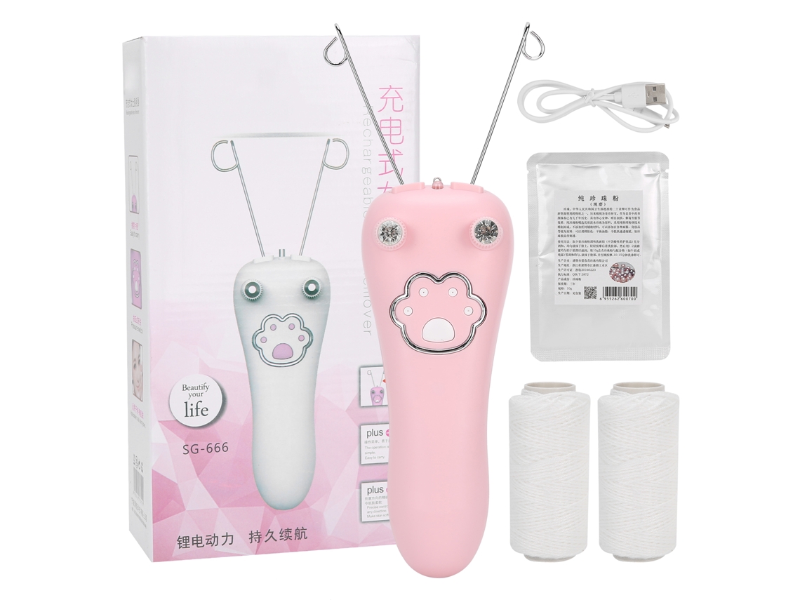 Depilador elétrico com fio de algodão para rosto e corpo, recarregável via USB, rosa.
