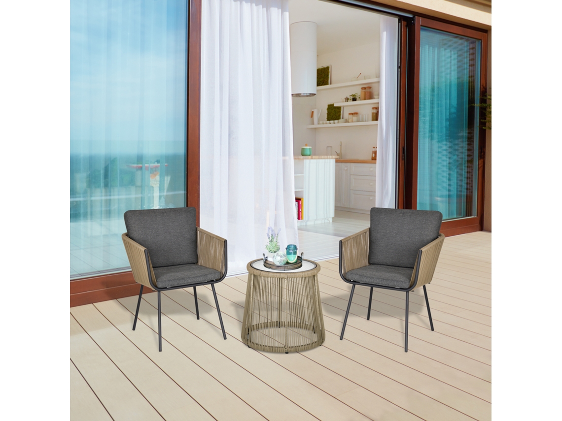 Conjunto 2 Poltronas E Mesa De Centro Exterior Rattan Estilo Boho, Cores Caqui E Cinza