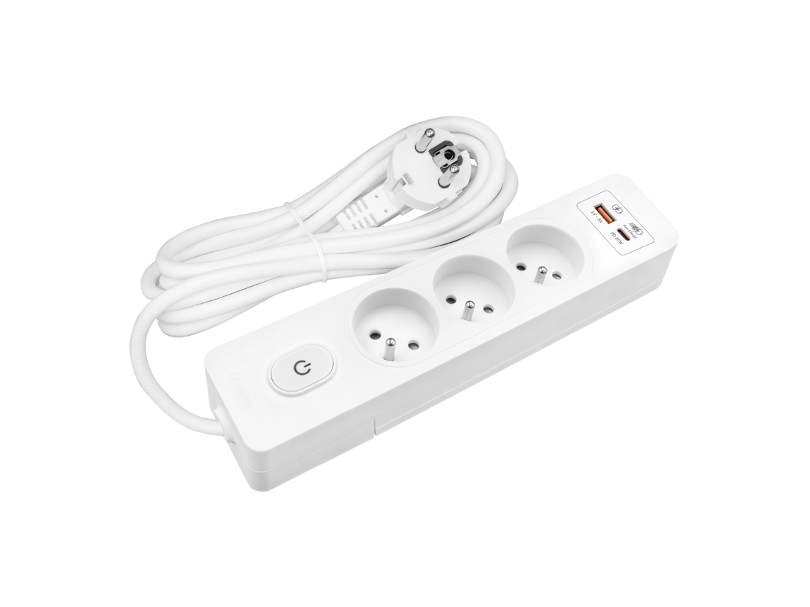 Extensão Eléctrica SELDUR G3Fh32B 3 Tomadas + Interrutor Carregamento Rápido Usb A+C 20W Branco Cabo de 3 M