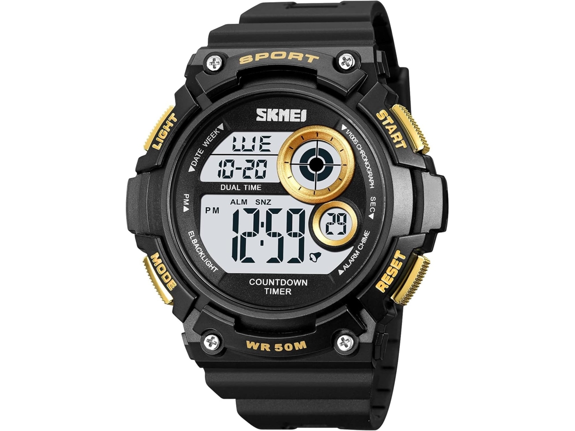 Lurelia Relógio Digital Masculino, Visor Digital, Cronómetro, Alarme, Data/calendário, 12/24h, Dourado
