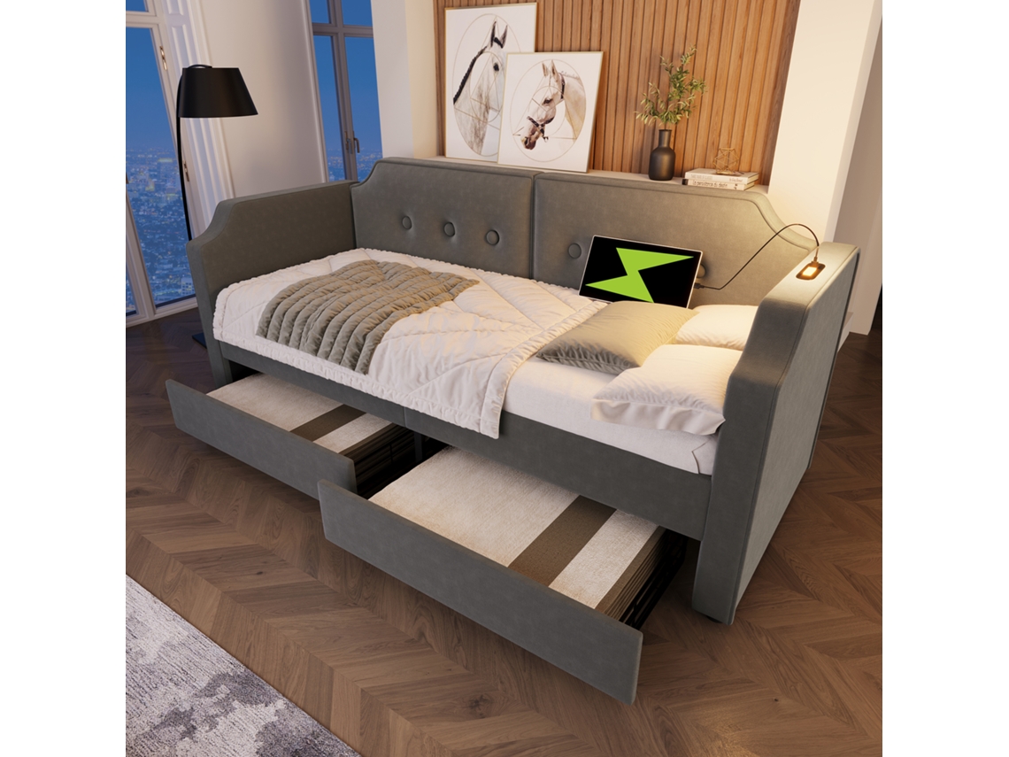 Sofá-cama Veludo Cinza 90x200 Cm, Led, Usb-c, 2 Gavetas, Multifuncional