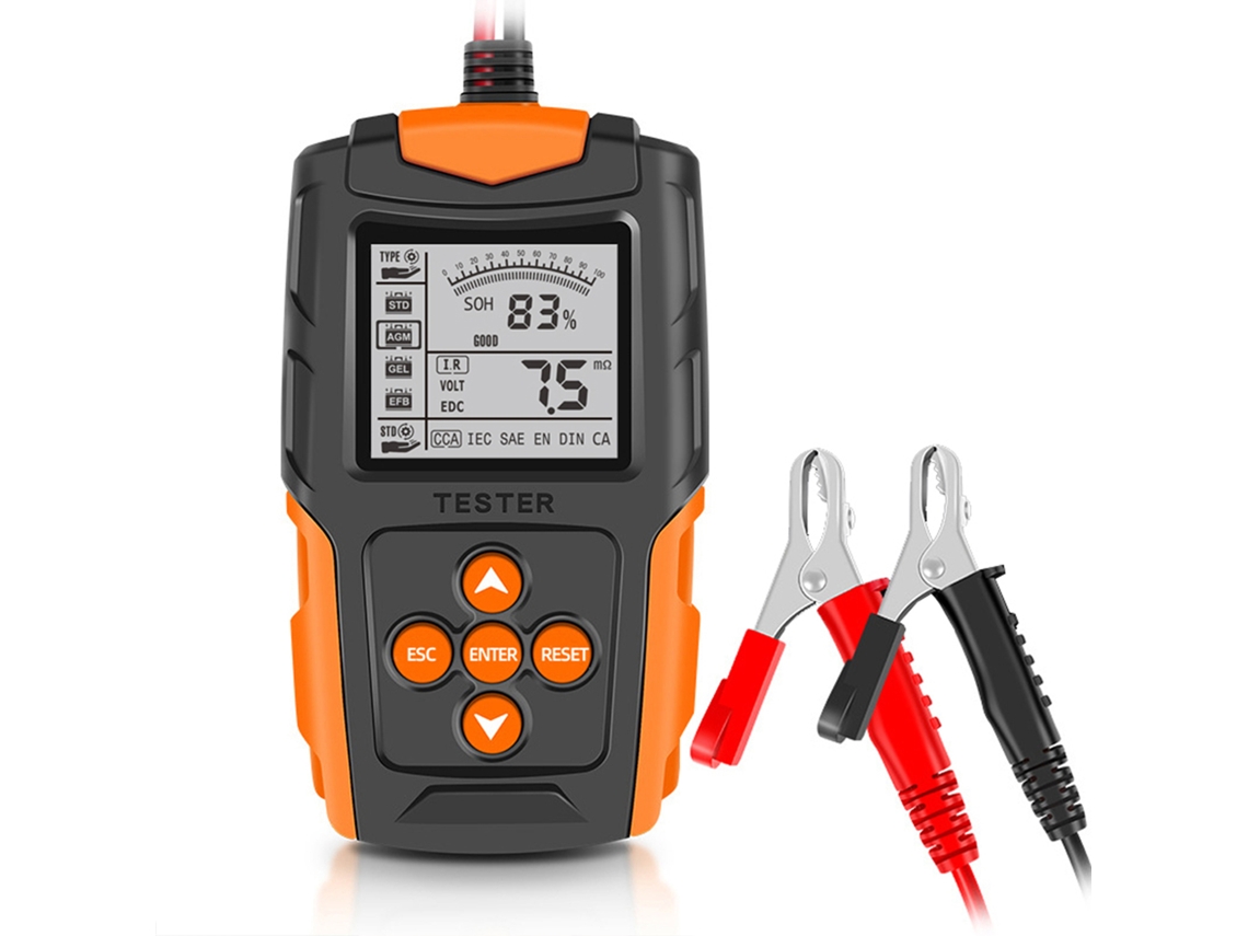 Testador de bateria automotiva 12V/24V com analisador digital LCD, ferramenta de diagnóstico de carga, medidores SOH, SOC, CCA e infravermelho para carros, caminhões e motocicletas.