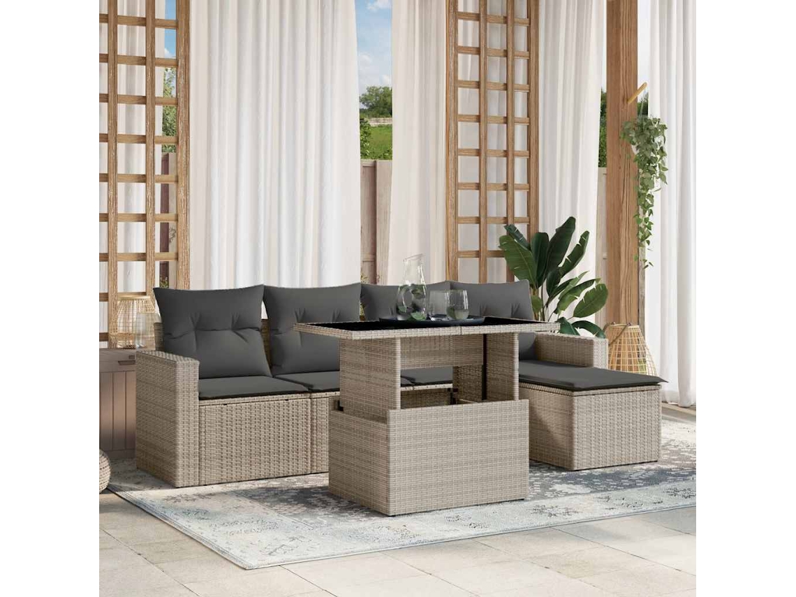 Vidaxl 6 Pcs Conj. Sofás Jardim Com Almofadões Vime Pe Cinzento-claro