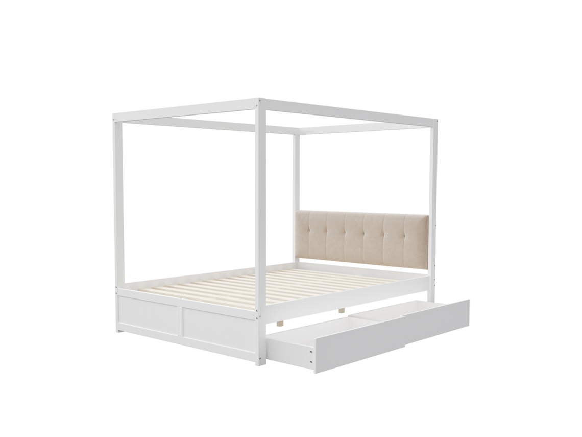 Cama de dossel 140x200cm com gavetas grandes e cabeceira estofada em madeira branca, para decoração moderna PAPRIKA