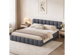 Cama Bubble 140x190cm, cama de casal estofada com cabeceira almofadada e base de ripas, sem colchão, tecido de linho, cinzento, Simurq