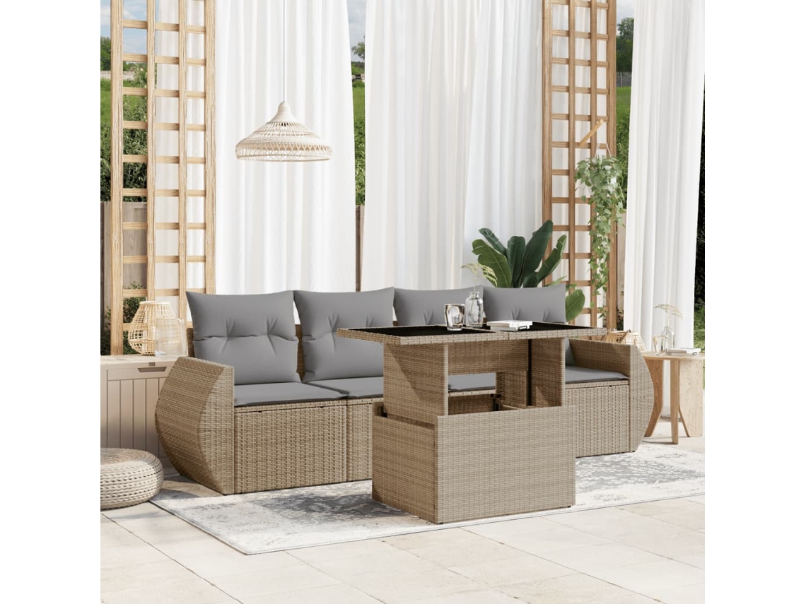 Conjunto de 5 Sofás para Jardim com Almofadas Vime Pe Bege Dkd Home Decor