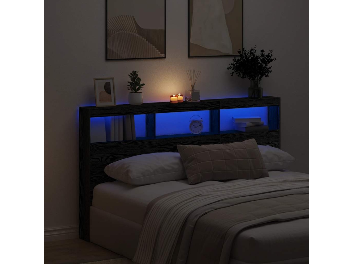 Vidaxl Armário Cabeceira C/ Luzes Led 180x17x102 Cm Carvalho Preto