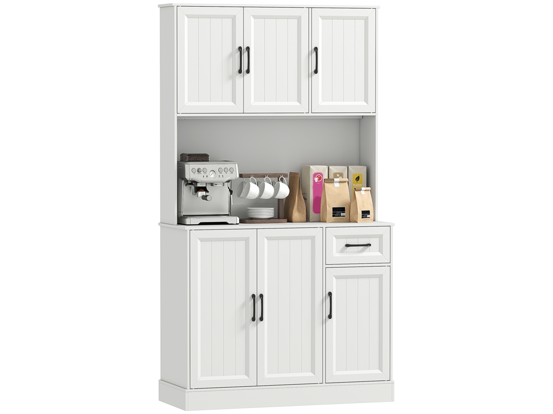 Armário De Cozinha, 180,5 Cm, Despensa, Bancada, Orifício Para Cabos, Prateleiras Ajustáveis, Mdf, Branco