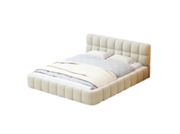 Cama De Casal Adulta 140x200 Cm Com Cabeceira Estofada Com Folhos, Estrado De Ripas, Design Moderno, Linho, Bege, Sem Colchão