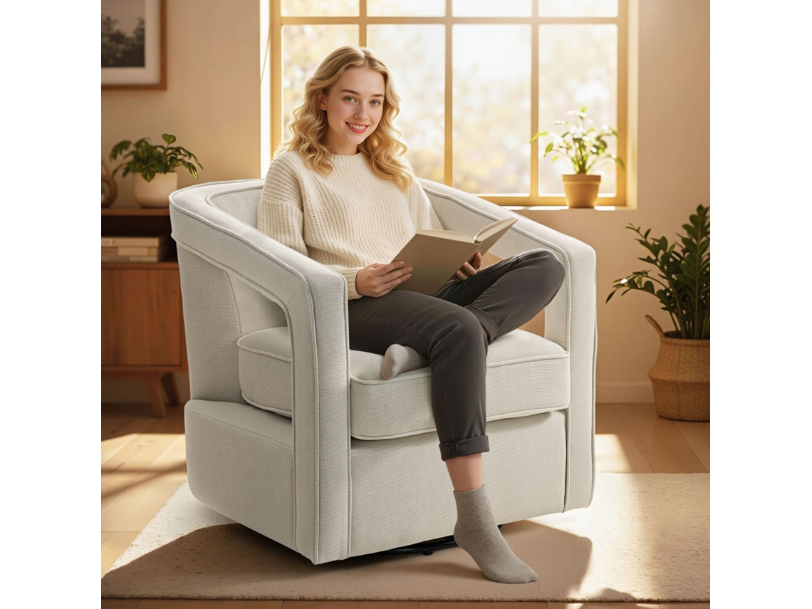 Poltrona Giratória 360° Para Lounge, Reclinável, Com Encosto E Braços Em Estrutura Única, 77x75x72 Cm, Na Cor Bege