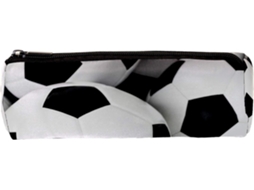 Tenho lápis em formato de bola de futebol, material escolar, organizadores de mesa e itens essenciais para a escola.