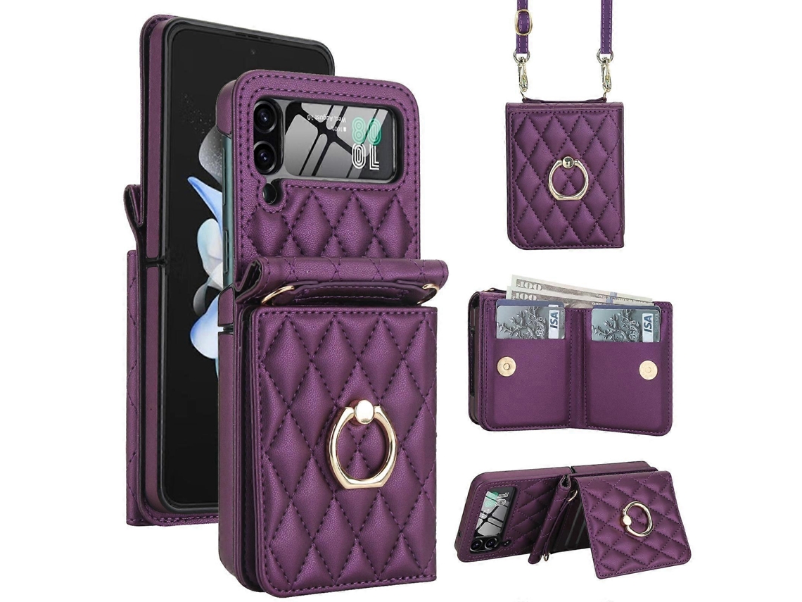 Capa Para Celular Samsung Galaxy Z Flip4 5g Com Textura Rômbica Integrada, Compartimento Para Cartão Rfid E Cordão Longo.