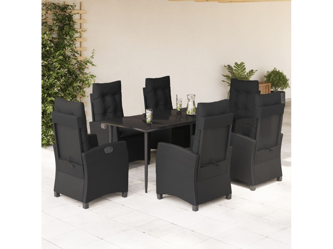 Vidaxl 7 Pcs Conjunto De Jantar P/ Jardim C/ Almofadões Vime Pe Preto