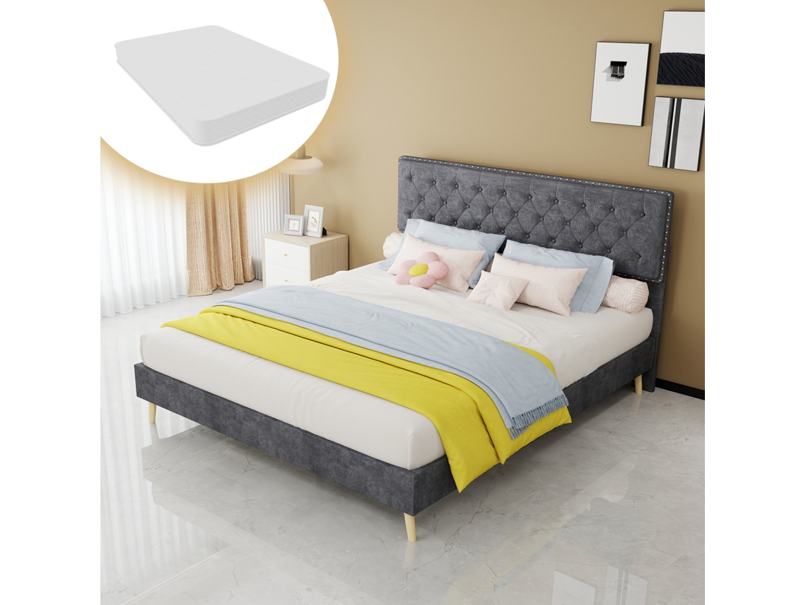 Cama Capitone Moderna 160x200 Cm Com Cabeceira Macia E Colchão Cinza