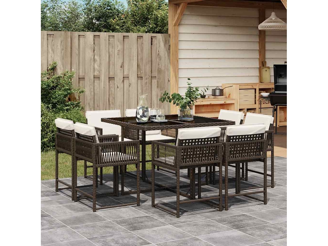 Vidaxl 9 Pcs Conjunto Jantar P/ Jardim C/ Almofadões Vime Pe Castanho