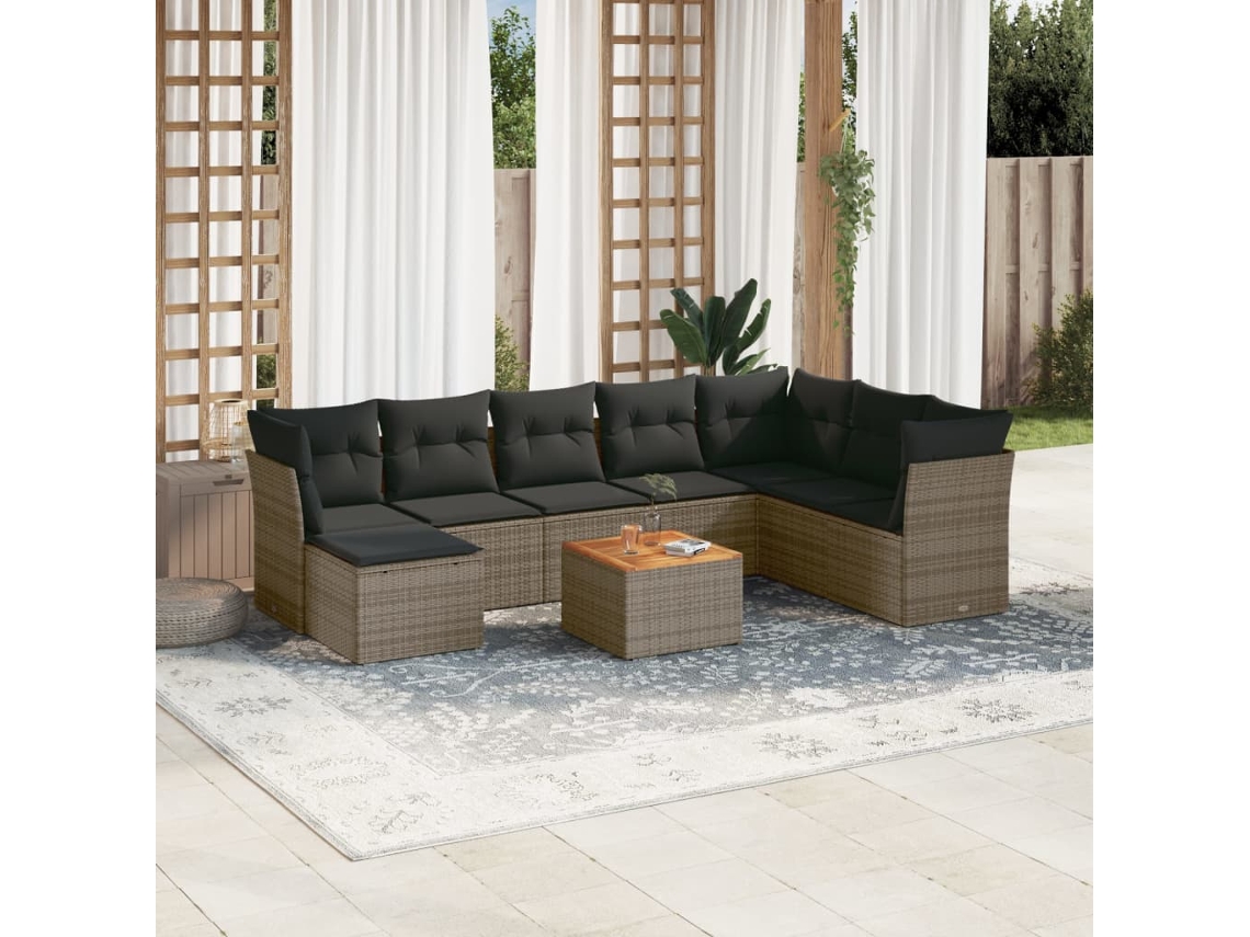 Vidaxl 9 Pcs Conjunto Sofás P/ Jardim Com Almofadões Vime Pe Cinzento