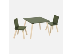 Mesa Infantil Quadrada Em Madeira De Pinho Com 2 Cadeiras, Verde Oliva