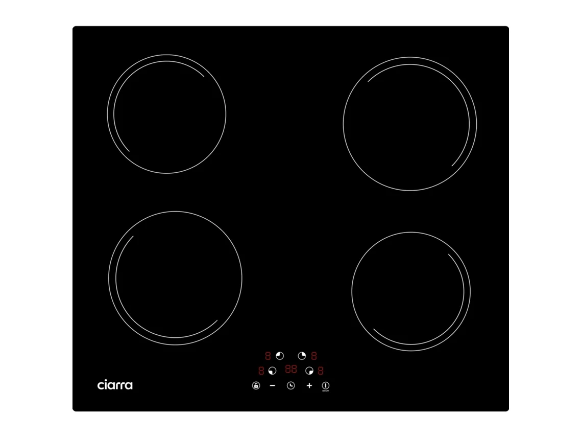 Placa de indução Ciarra de 59 cm, 6000 W, com 4 zonas de temporização, controle por toque, 9 níveis de potência, Awbih4 e Ciarra