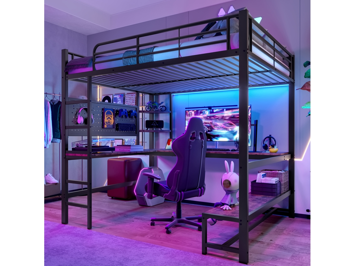 Lit Mezzanine VSOGA 140x200 Cm avec bureau, étagères, panneau perforé, usb, led, noir