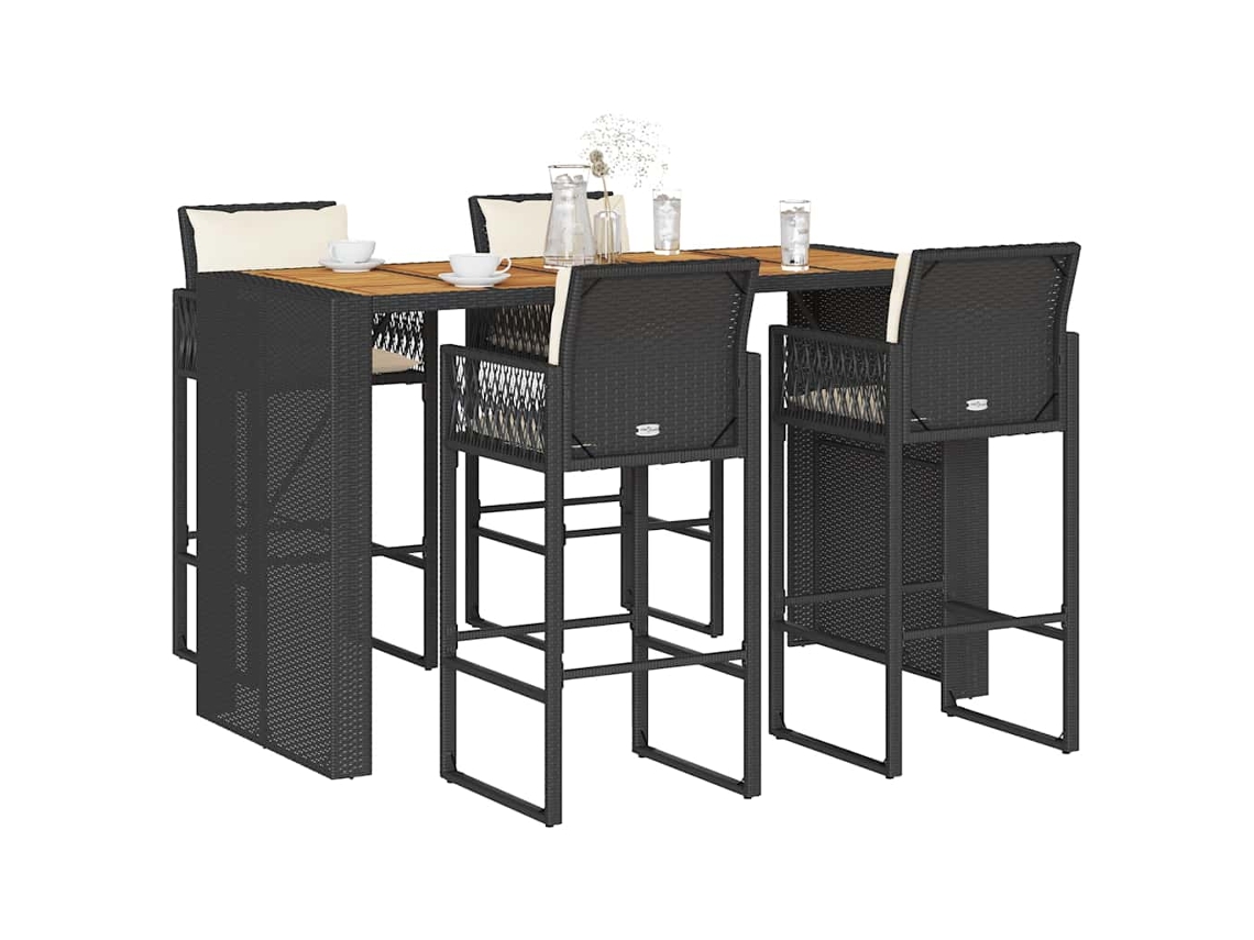 Vidaxl 5 Pcs Conjunto De Bar Jardim C/ Almofadões Vime Pe/acácia Preto