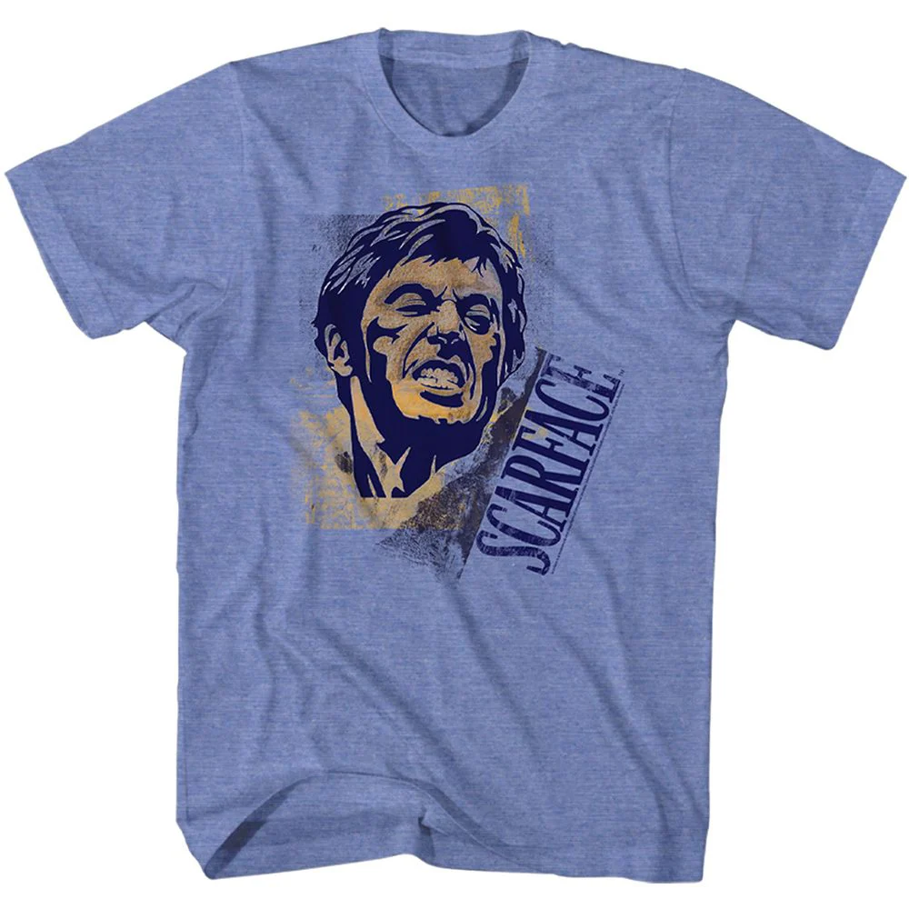 Unisex Adult T-shirt Rockinstone Scarface Movie Say Cheese Heather Light Blue Sizes