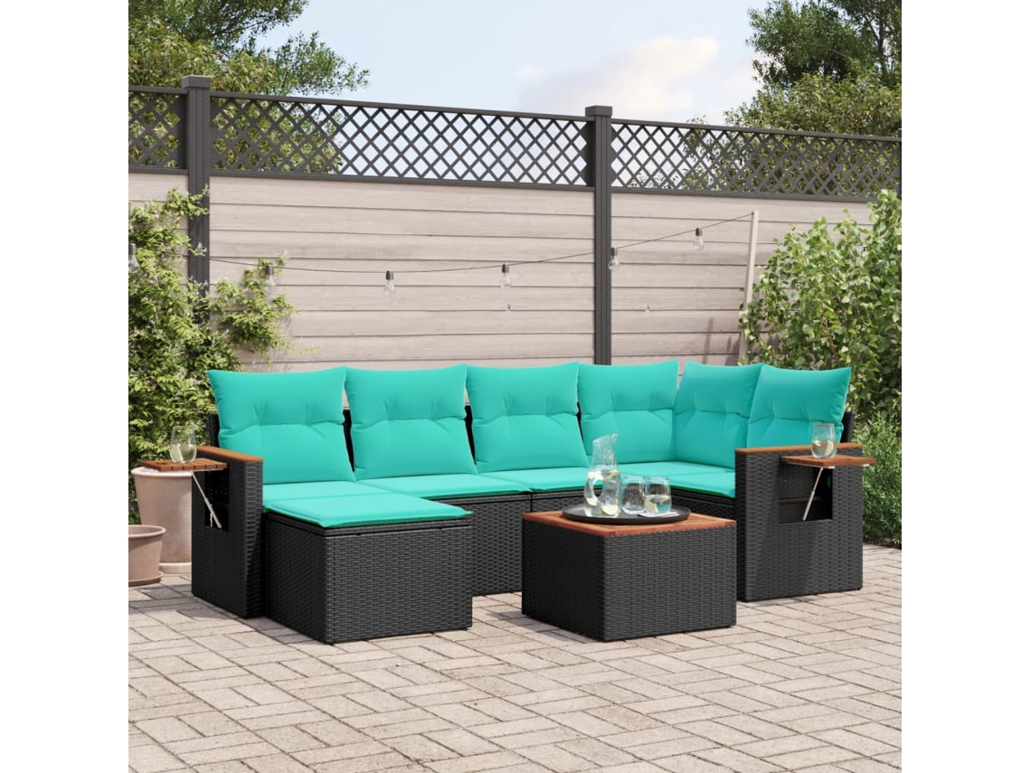 Vidaxl 7 Pcs Conjunto De Sofás P/ Jardim C/ Almofadões Vime Pe Preto