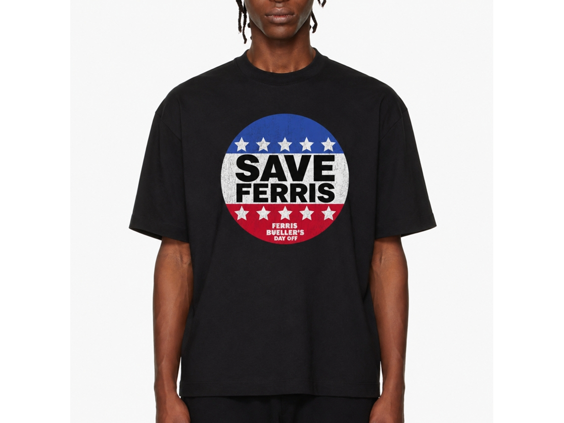 Rockinstone Ferris Bueller's Day Off Save Ferris Button Black Adult T-shirt Size:s