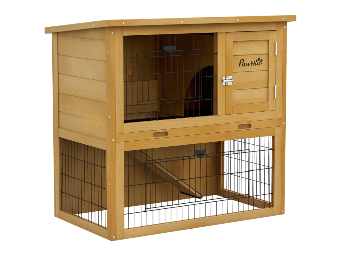Gaiola De Madeira Para Coelhos, 2 Andares, Com 3 Portas, Bandeja Deslizante, Rampa, Telhado De Betume, 85 X 50 X 80 Cm, Amarela