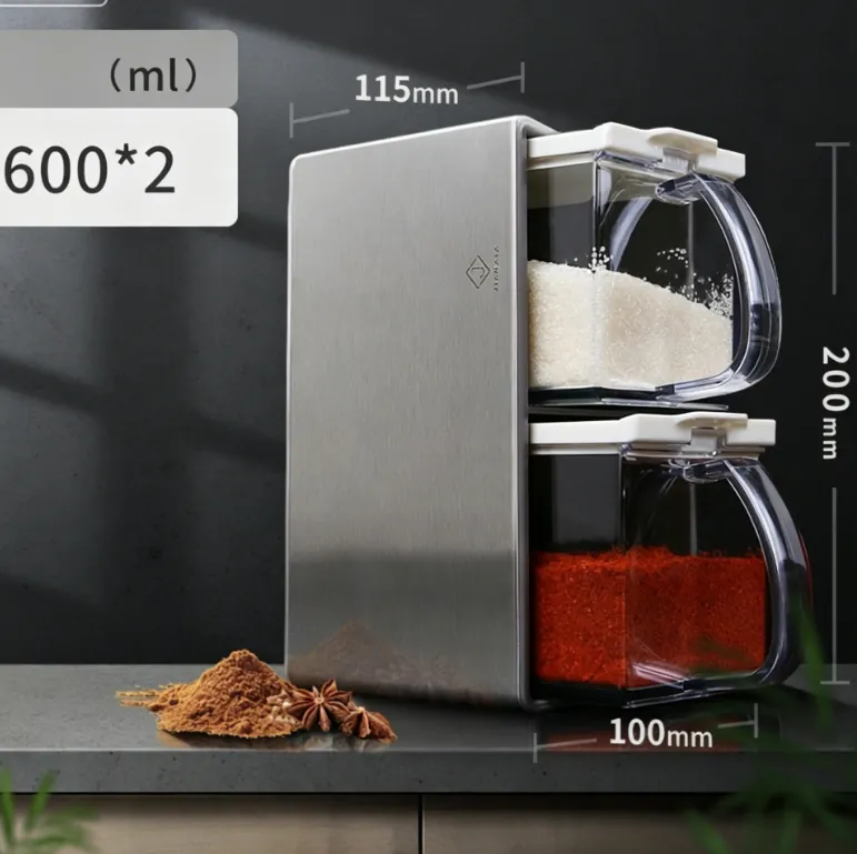 304 Aço Inoxidável / as de Alta Qualidade de Alimentos Imita Vidro Frasco de Tempero, Pode Ser Fixado na Parede, 2 Divisões ZSANFS