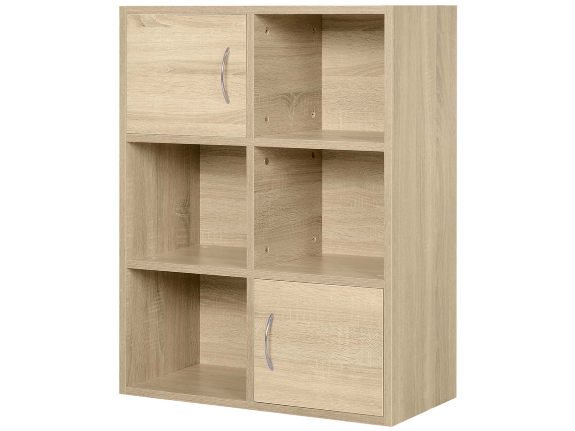 Estante Madeira, de Armário Multiuso com 3 Prateleiras, 4 Compartimentos e 2 Portas, 61,5x29,5x80cm