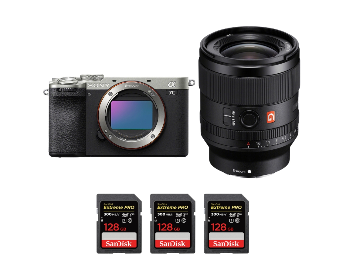 A7c Ii Prateado + Fe 35mm F/1.4 Gm + 3 Sandisk 128gb Uhs ii 300mb/s Máquina Fotográfica Híbrida + Ebook “20 Dicas para Fotos Que Impressionam” SONY